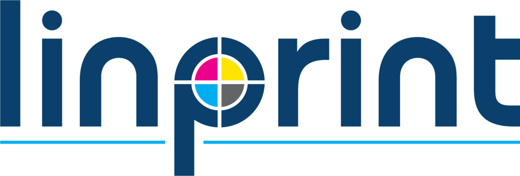 Corporate logo for "linprint," a printing company, featuring a stylized "p" with a CMYK color wheel.